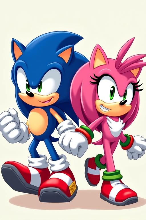 Illustration of Sonic the Hedgehog and Amy Rose side by side. Characters depicted in vibrant colors. They display expressions of confidence and playfulness. Ideal for appealing to fans of the franchise.
