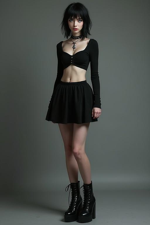 A full-body image of a woman with black hair and bright blue eyes. She wears a black crop top and a black miniskirt. The outfit is complemented by black platform boots. The scene utilizes soft lighting to highlight her edgy style while keeping a subtle appearance.