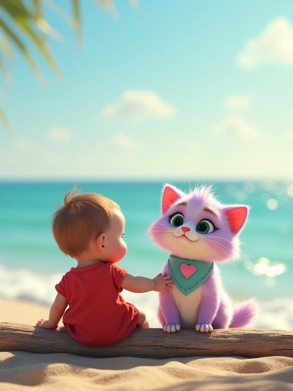 Wide shot of a peaceful beach. A small baby in red sits next to a fluffy kitten with pastel fur. The kitten wears a light blue bandana with a pink heart. The baby reaches to touch the bandana. The scene is warm and inviting, with a sparkling ocean in the background.