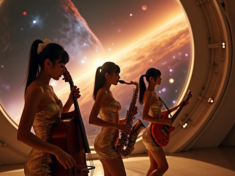 Three female musicians perform in a futuristic starship. They wear gold lamé mini dresses and play different instruments. The background shows a cosmic scene with a massive planet, colorful nebula, and bright stars. Dramatic lighting creates a cinematic effect. The musicians have elegant hairstyles and enhance the vintage beauty look.