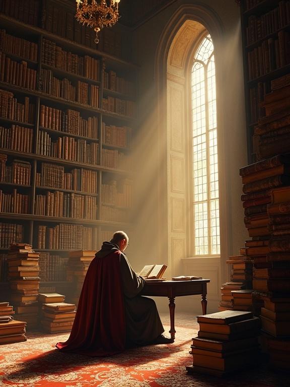A grand library with towering bookshelves. A scholar sitting at a desk, reading an ancient tome surrounded by stacks of manuscripts. Soft golden light fills the room, highlighting the Baroque and Gothic designs.