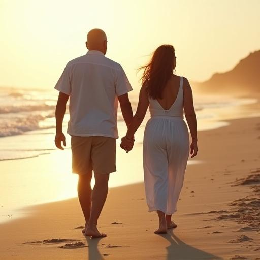 Couple walks along deserted beach in late afternoon wearing light summer clothes. He is bald with gray goatee. She is a little chubby. Both are around 50 years old.