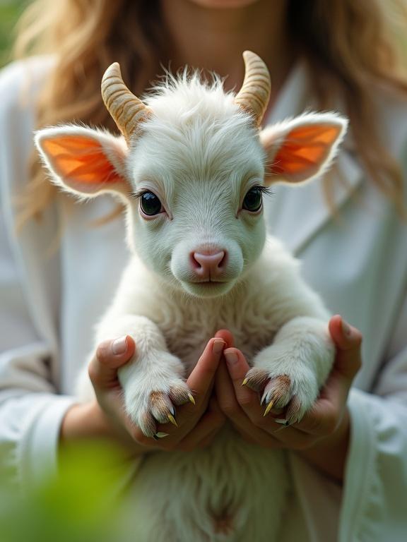 A captivating image of a mythical creature resembling a calf. The creature has bird-like claws and small horns. A human in white holds it gently. The focus is on the creature's face with large eyes. The lighting is soft in a natural setting with greenery.