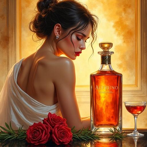 Vibrant detailed watercolor painting features a beautiful woman in a spa area. She wears a translucent silk wrap accentuating curves with golden reddish lips. An apothecary-style spirit bottle 'ALFRUNO' occupies center stage filled with golden reddish herbal liqueur. Surrounded by roses and rosemary on a black-mirrored table with cocktail glasses. 'ALFRUNO' name displayed in modern calligraphy. Artwork is dynamic, magical, and mysterious, reflecting moody film style reminiscent of nostalgic old photographs.