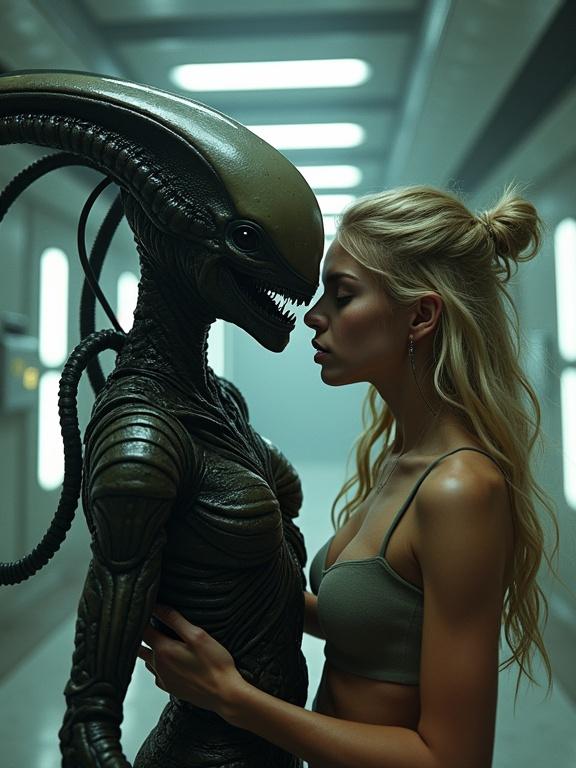 Alien creature with open mouth. Blonde girl in crop top. Hugging in a sci-fi corridor. Flickering lights and fog. Soft light on metal surfaces. Detailed skin and armor textures.