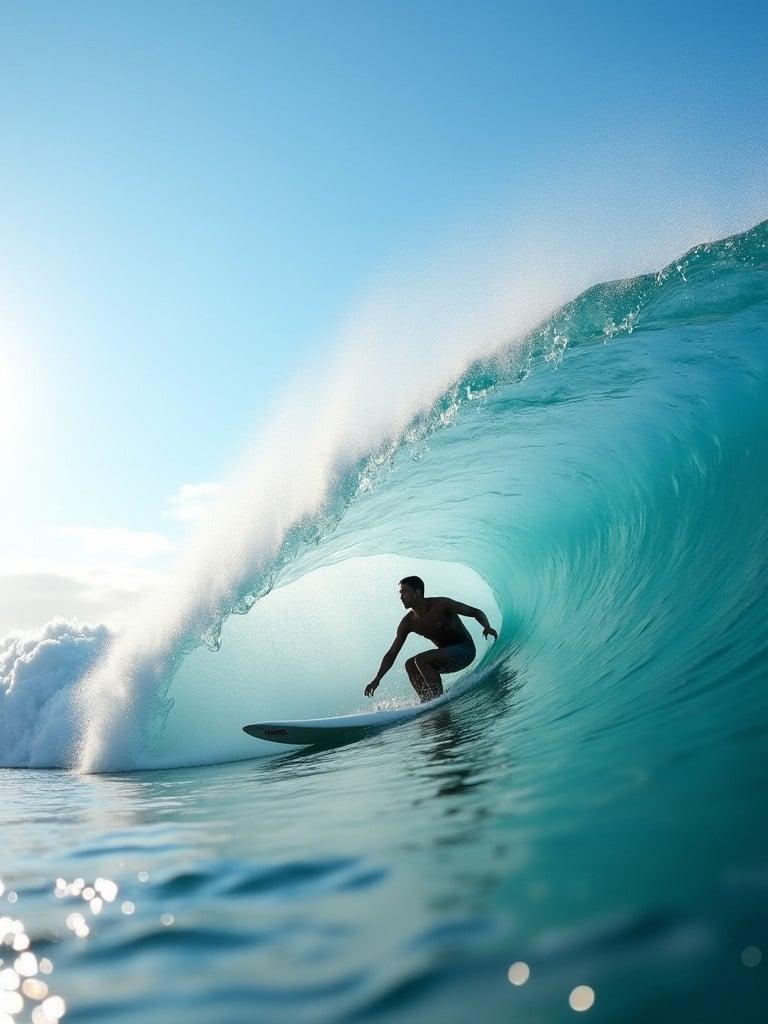 Surfer rides a large curling wave under a clear blue sky. Image captures the graceful movement of the surfer in the water. Bright daylight enhances the clarity of the scene.