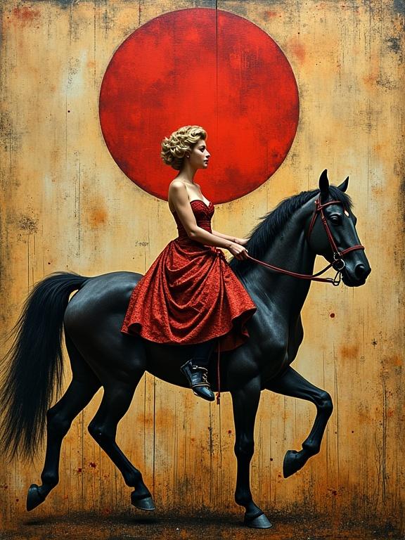 Artwork of a woman in a red dress riding a black horse. Background with a large red circle. Mixed media style with intricate details. Whimsical and elegant composition.