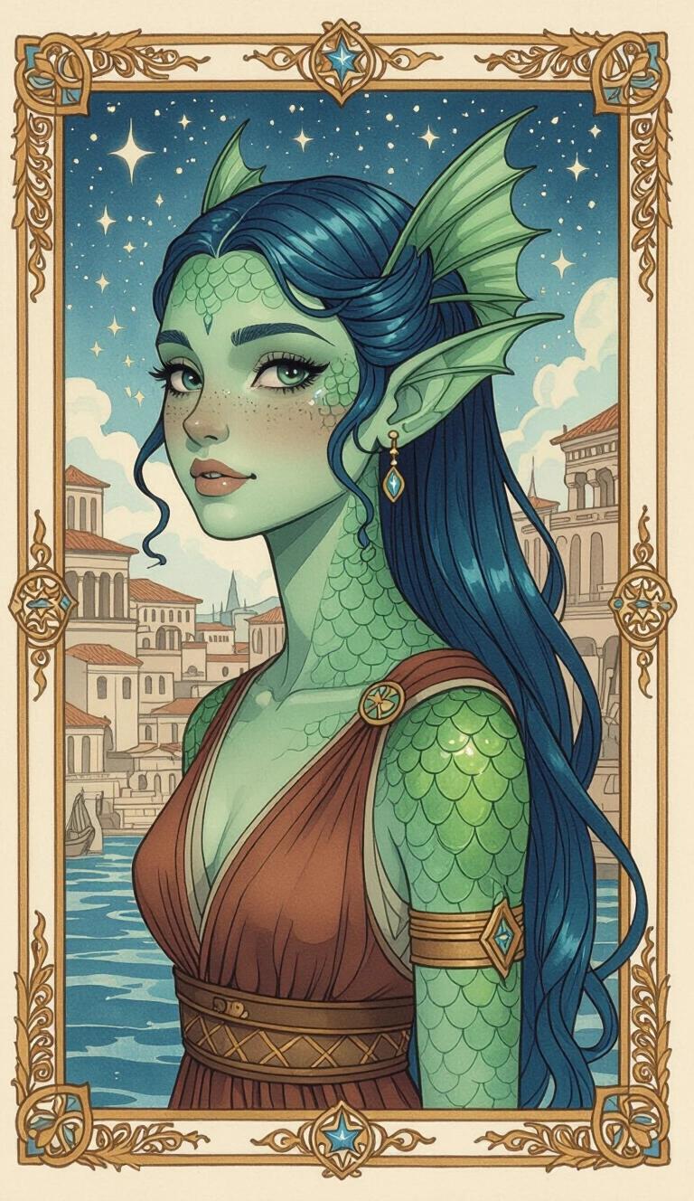 Dark watercolour illustration features a Triton female with small finned-fish-ears and green-blue scaled skin. Background depicts ancient Grecian fantasy port city. She wears ancient Greek-style clothing. Character has long blue-green slicked-back hair. Youthful and childish appearance. Scaled cheeks, neck, and forehead. Full-body image with candid nature. Amphibian-like look.
