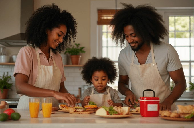 A family of three happily prepares food together in a bright kitchen.