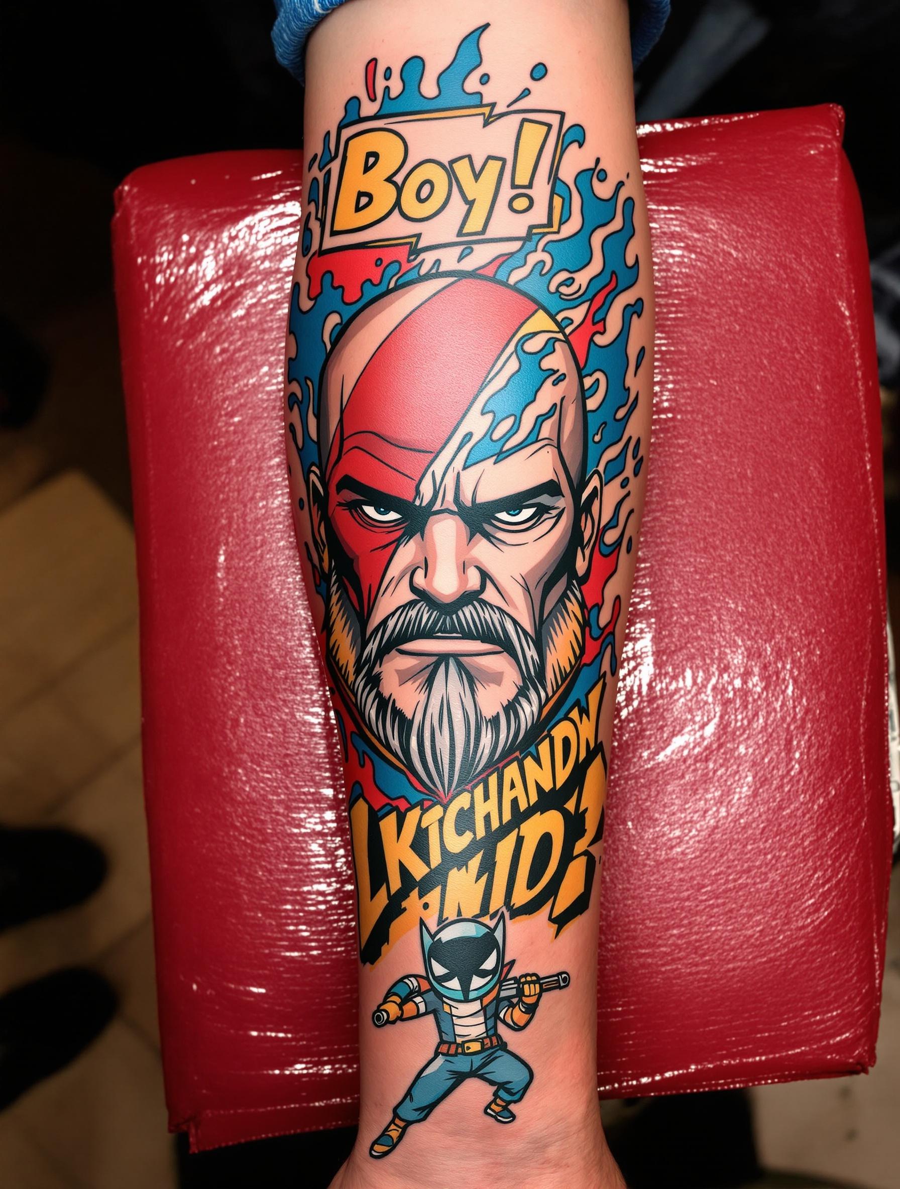 Colorful tattoo design on a forearm with a comic book style. Features bold lines and abstract elements. Includes a cartoonish character wielding a weapon. Text box with the word 'Boy!'. Modern and dynamic look.