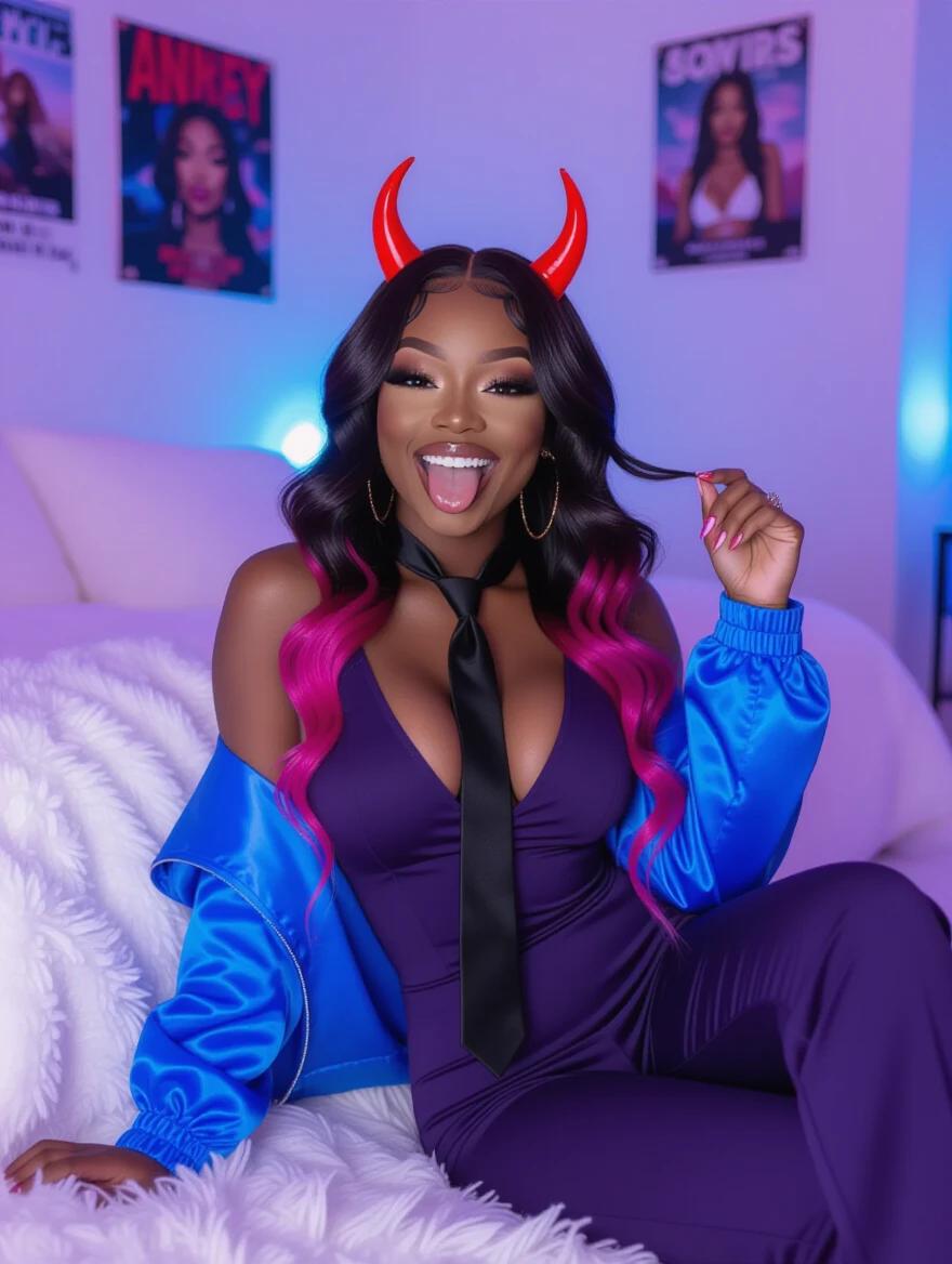 Photograph features a woman with hair styled in loose waves wearing a jumpsuit with a black tie. A blue jacket drapes over her shoulders. Red devil horns sit on her head as she playfully sticks out her tongue. She sits on a white fluffy rug with a purple and blue lit background featuring wall posters and a soft pink bed. The room has a modern cluttered look and playful atmosphere. The lighting is soft and highlights her hair and devil horns.