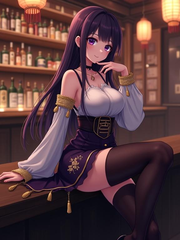 An anime-style lady with long, dark violet hair. She wears a white top with gold accents and a dark purple skirt with gold embroidery. Dark stockings and black heels complete her look. Sitting on a dark surface, leaning back, one leg crossed over the other. Hand near her face, expression serene. Background shows a dimly lit bar with alcohol bottles and paper lanterns, creating a warm atmosphere.