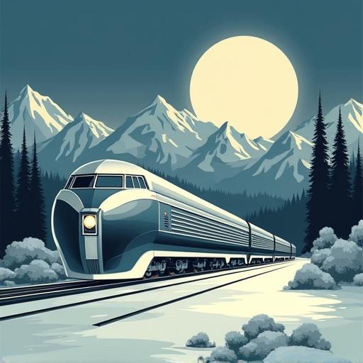 A silver locomotive racing through a moonlit landscape. Mountains and trees feature streamlined curves. Rendered in Streamline Moderne style. Emphasizes motion blur and curvilinear forms. Evokes futuristic nostalgia.