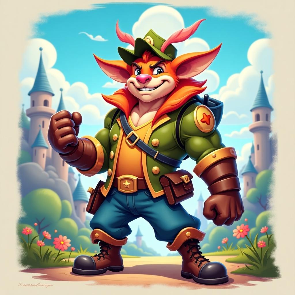 Character design of an animated fox in a ranger outfit. Standing confidently with a cheerful expression. Background features whimsical castles and landscapes. Emphasizes fun and adventure.