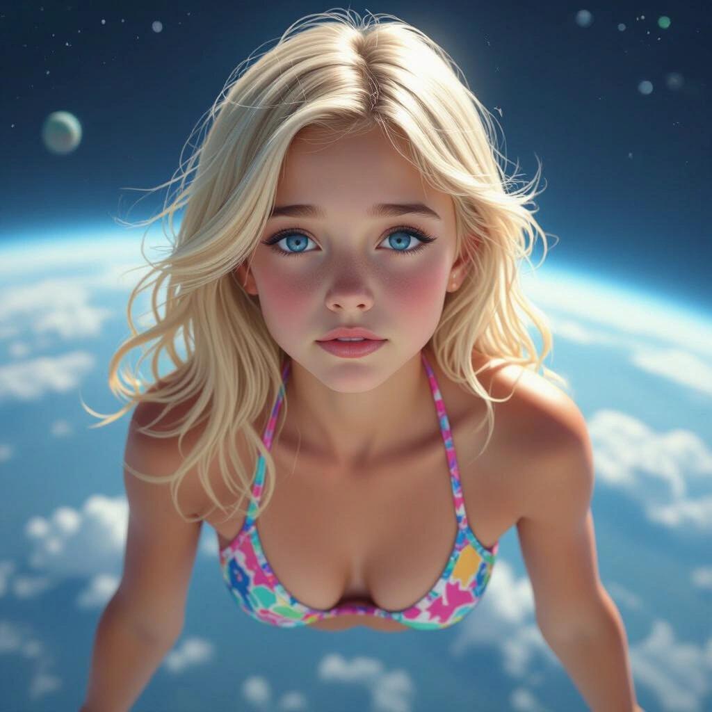 Blonde haired girl with blue eyes is floating in space above planet Earth. She has a pensive expression. Colorful bikini adds vibrancy to the scene.