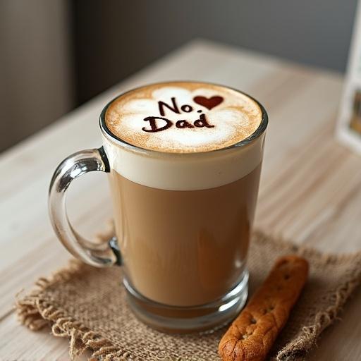 High-resolution photograph of a creamy latte in a clear glass mug. Foam art shows the phrase 'No. 1 Dad' with a heart. A small biscotti rests against the mug. Background features a Father's Day card. Rustic burlap placemat on a light wooden table.