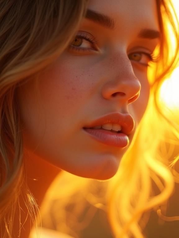 Close-up portrait of a woman with sunlit, soft features. Golden hour light creates a warm aura around her face. Glowing skin with a subtle blush. Honeyed lips and wisps of hair highlighted.