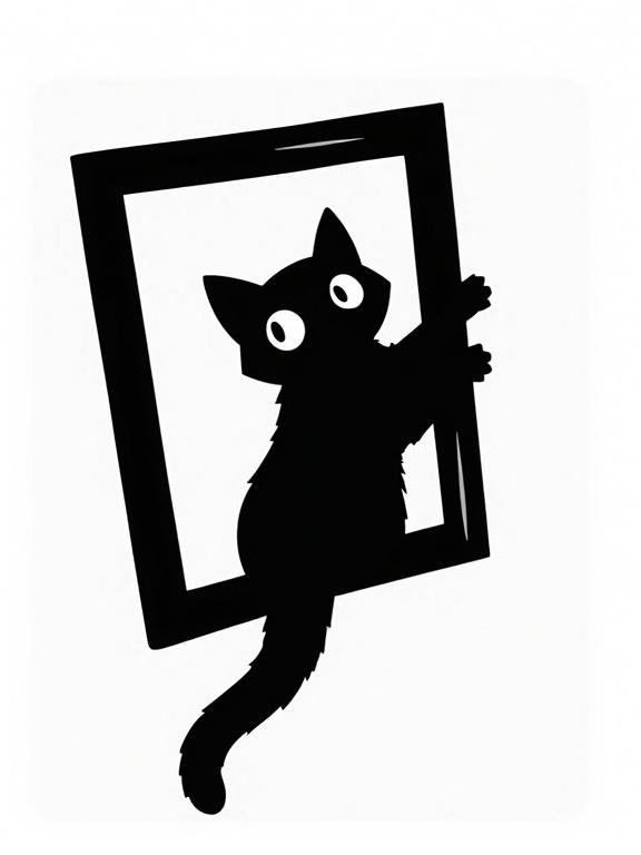 Black silhouette of a cat hanging from the corner of a tilted picture frame. Cat's eyes are wide and expressive. Claws are slightly digging into the frame. Transparent background. Bold minimalist style. Works on both white and black backgrounds.