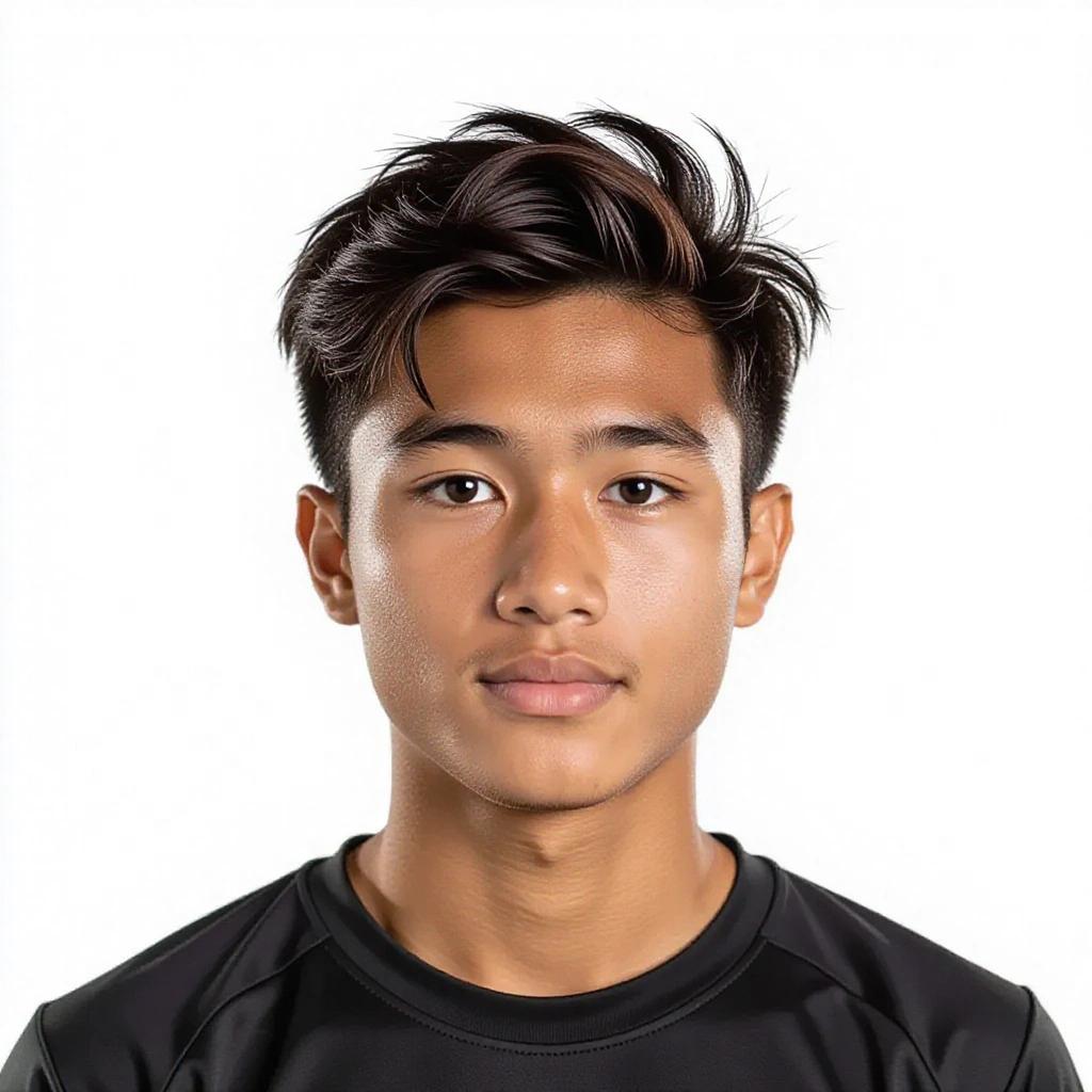 Headshot of a 17-year-old Indonesian male soccer player. The image focuses on his face and shoulders. He is looking directly into the camera against a white background.