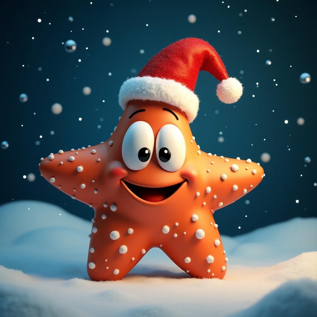 A cartoon star character wearing a red Santa hat. The character appears happy and is surrounded by snowfall, sitting on a snowy surface. The scene is festive and colorful.