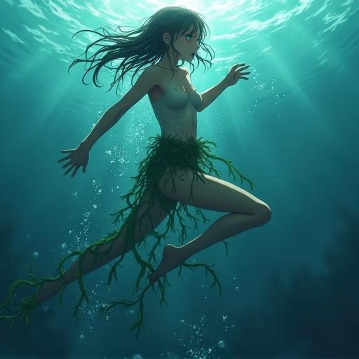 Young woman swimming underwater with seaweed around her legs in horror anime style illuminated with bright lights