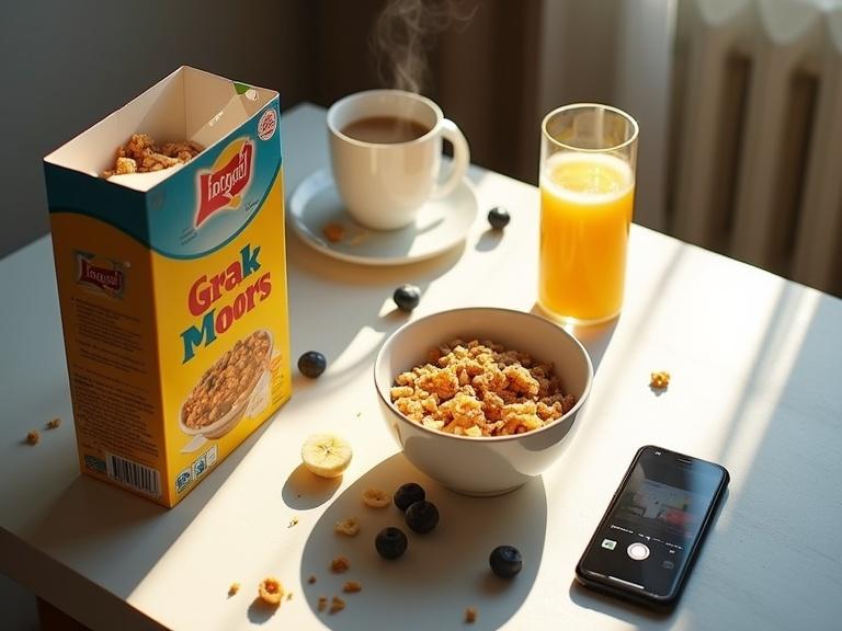 Sunlit breakfast table with colorful cereal box open and spilling cereal. Ceramic bowl filled with cereal and milk at center. Scattered blueberries and banana slices. Steam rises from coffee mug. Soft shadows from morning light. Juice glass with condensation. Smartphone at table's edge with camera interface.