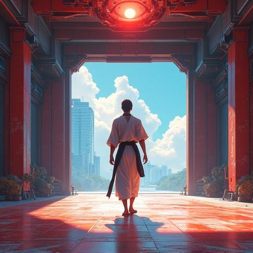 Anime scene set in a futuristic martial arts dojo inside a mega mansion during summer in Tokyo.