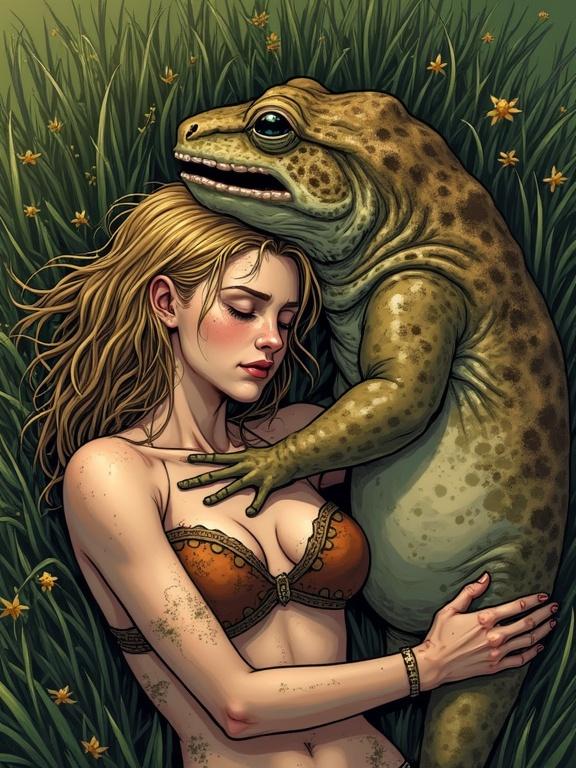 Comic book artistic hand illustration. Realistic shadows. Detailed depiction of a warrior resting in a meadow. Long messy blonde hair and freckles. Hugging a large fantasy toad after a fight. Torn loincloth and shiny skin. Mood is calm and comforting. The scene is set in greens and browns.