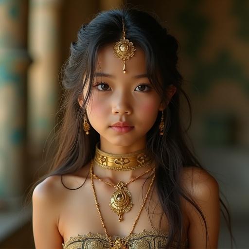 A young beautiful east Asian girl wearing a loin cloth adorned with gold jewelry. She has a serene expression and long hair.