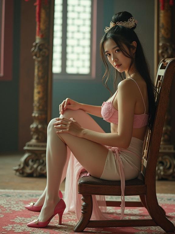 A character inspired by Diao Chan from Three Kingdoms sits gracefully on a chair in an elegant imperial hall. She wears pink and white lingerie, light cream stockings, and pink shoes. Her hair is tied with a traditional hairpin. The scene has a nostalgic, slightly overexposed look with visible grain.
