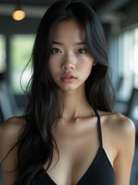 Adult realistic Japanese woman in the gym. Long straight black hair slightly tousled. Smooth pale skin with freckles on the neck. Oval face and delicate jawline. Very slender build with prominent curves. Thin dark eyebrows with one raised. Head tilted right with dark brown almond-shaped eyes. No makeup. Soft indoor gym lighting.