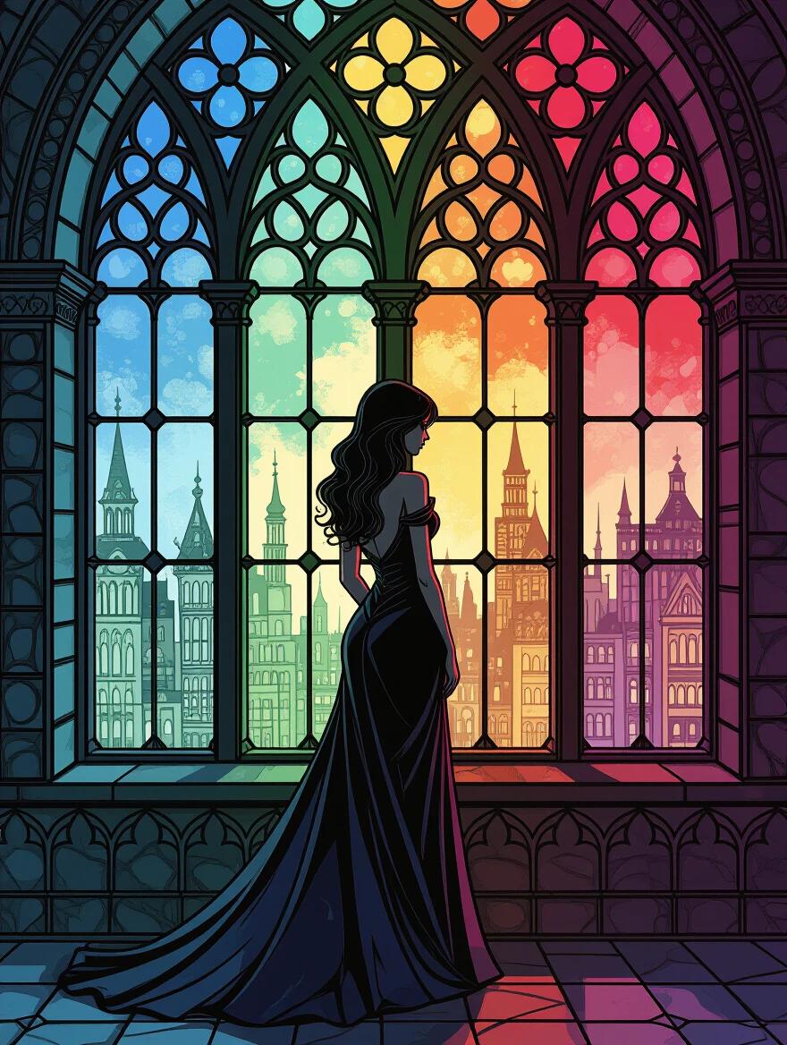 Painting of a lady standing next to gothic windows. Comic book-style art. Color splash. Made of stained glass. Haunting structures in the background. Diverse color palette creating city portraits.
