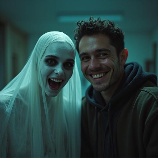 Ghost and dude enjoying together in an eerie house. Ghost has pale skin. Good contrast. Both smile brightly. Ghost appears realistic and slightly transparent.