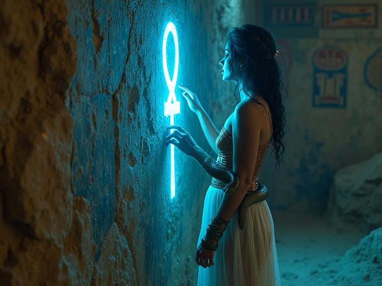 Scene title Whispers in the Tomb. Character interacts with glowing hieroglyphs in a subterranean chamber. Wearing a cropped bronze corset and sheer skirt. Cobra twines around her arm. Magical cyan light illuminates the scene. Tense emotional tone.