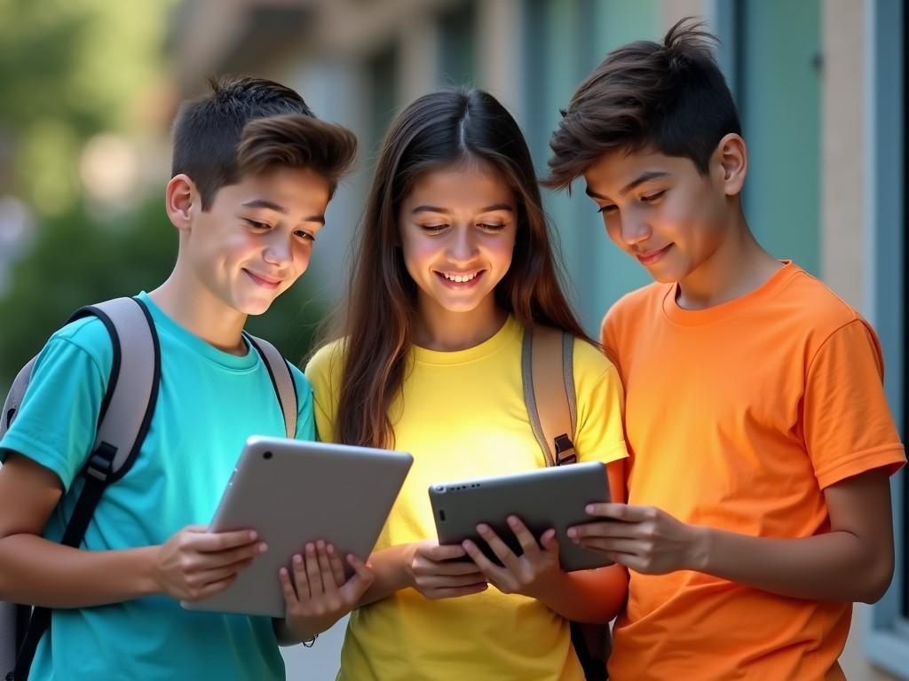 A group of three young people stand closely together outside, each holding a tablet. They are wearing brightly colored shirts—blue, yellow, and orange—and backpacks, suggesting they might be students. The expressions on their faces convey engagement and excitement, reflecting interest in what they are viewing on their devices. The background is slightly blurred, implying an outdoor urban setting, possibly a school or park area.