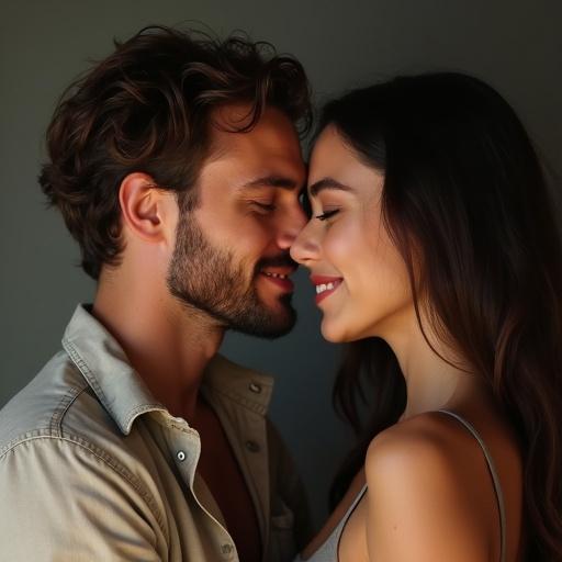 Image of a couple sharing a joyful and intimate moment. The man has short messy hair and a defined beard. The woman has long straight hair and striking eyes. Atmosphere reflects passion.
