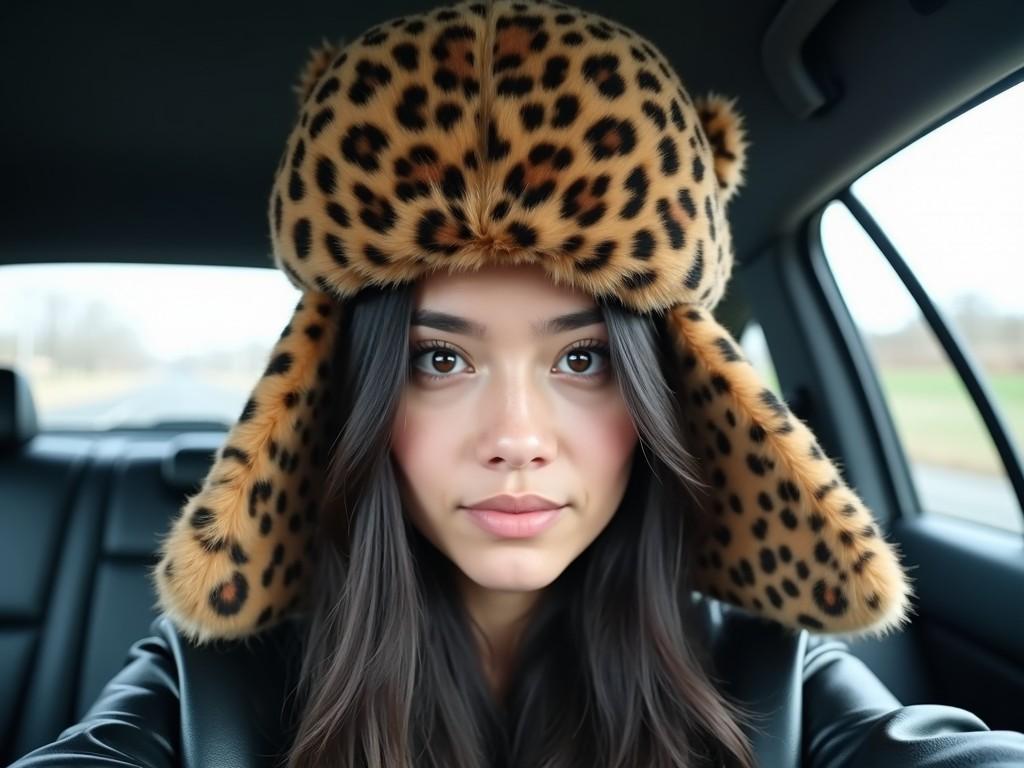 This image features a young woman with dark hair and a natural look, taking a selfie directly into the camera. She is wearing a large, fur-lined hat with a leopard print pattern, which gives a cozy, winter vibe. The setting is the interior of a car, making it feel casual and relatable. The light in the image is natural, highlighting her features and providing clarity. Her expression is subtle yet confident, conveying a sense of ease and style.