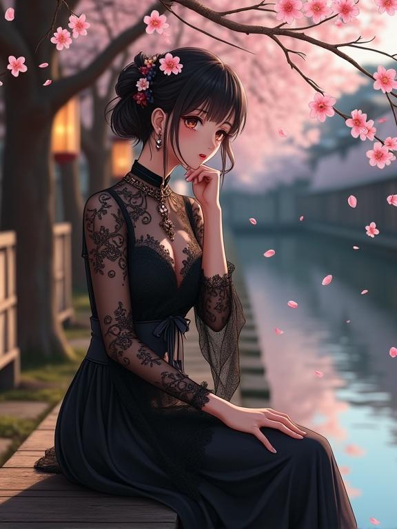 Woman seated on wooden bench by river. Elegant and refined posture. Surrounded by cherry blossoms. Lanterns glowing softly. Wearing black lace dress with intricate patterns. Detail in hairpieces and accessories. Evokes quiet sophistication and anime aesthetics.