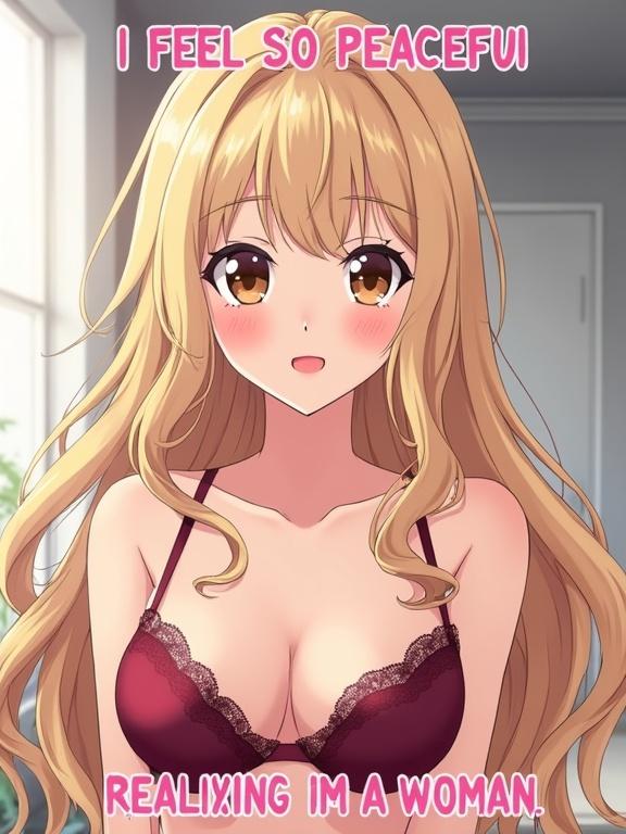 Anime illustration of a young woman with wavy blonde hair wearing burgundy lingerie in a medium close-up. Character has large eyes, smokey eyeshadow, winged eyeliner, false eyelashes, contoured cheeks, and glossy lips. Text reads I FEEL SO PEACEFUL AFTER REALIZING I'M A WOMAN in pink kawaii font. Background is a soft blurred interior with pastel tones.
