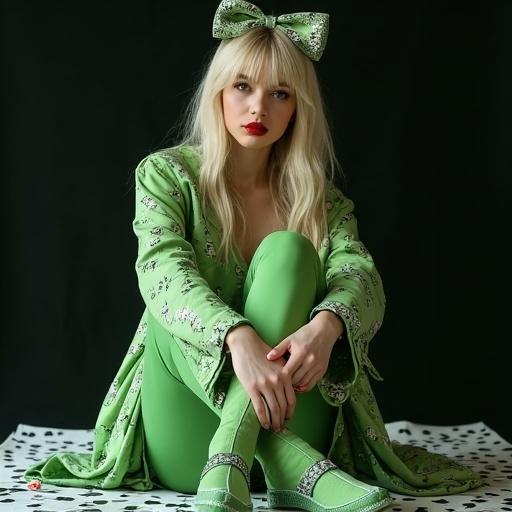 Model sitting on a patterned floor in a striking green outfit. The background is black with white accents. The model displays long blonde hair, red lips, and a bow, presenting a fashionable look.