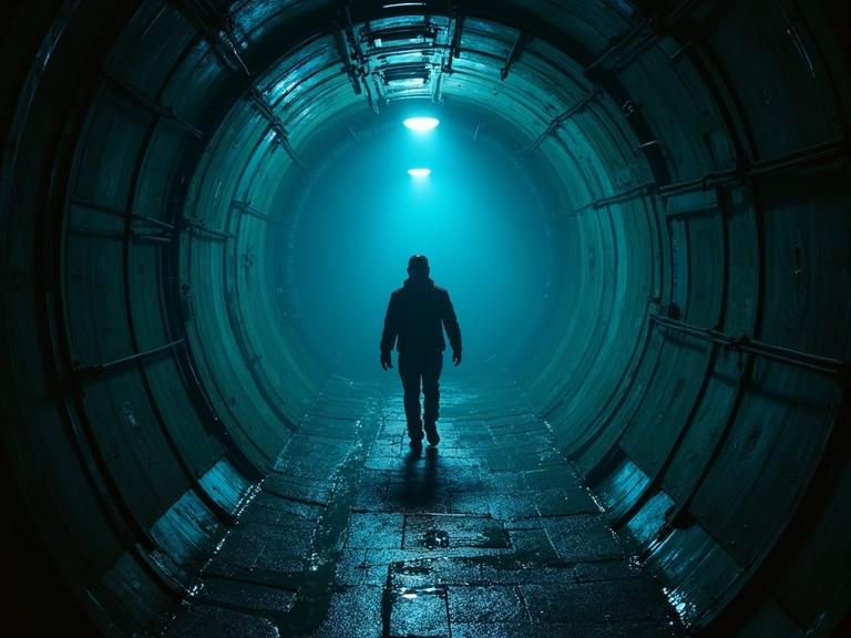 Character crawls into a narrow tunnel. Faint mechanical sounds echo. Water drips from the ceiling. An eerie blue light fills the space. Industrial sci-fi horror theme dominates.
