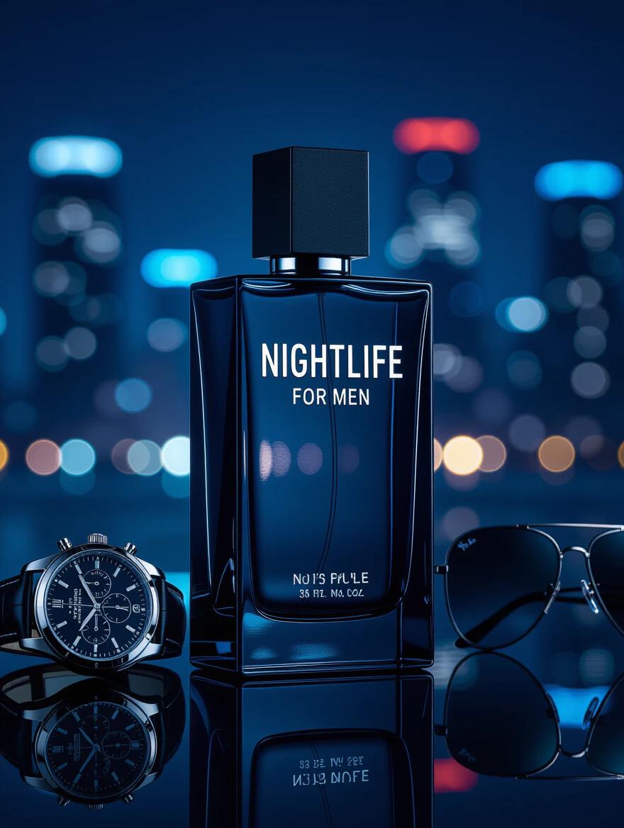 Product photo of a men's perfume bottle named 'Nightlife for men'. The bottle is tall and rectangular with dark glass and a matte black cap. Silver lettering shows 'Nightlife for men' in bold. The bottle stands upright with a slight reflection below. A wristwatch and sunglasses are nearby. The scene has blurred city lights in the background. Lighting is moody and cool with soft blue highlights. The bottle is centered with a shallow depth of field.