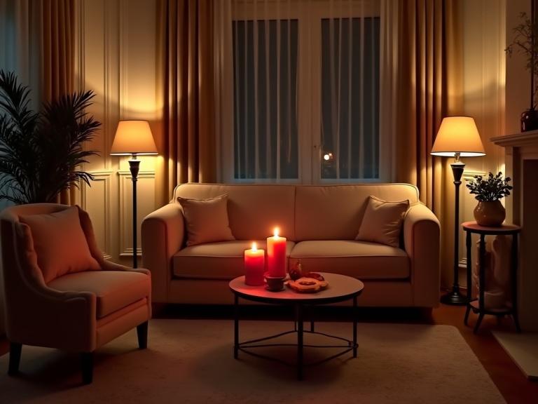 Soft checkered beige living room appears warm and inviting at night. The room is softly lit by dim lights. Candles provide a romantic touch. A single couch is accentuated with white and beige hues. Only red candles are present on the table. Two candle sets enhance the cozy ambiance. Full view of the room showcases its design elements.