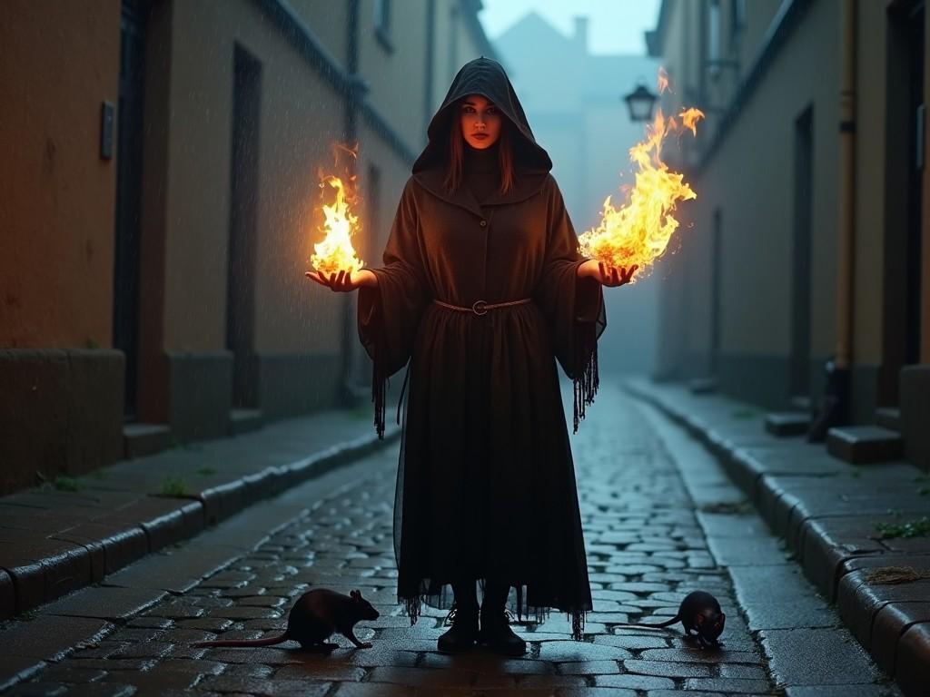 A mysterious scene unfolds on a cobblestone street, where a witch stands under a dark hood, casting flames in both hands. The atmosphere is filled with shadows and rain, creating a mystical vibe. Rats scurry around her feet, adding to the eerie ambiance. In this moment, her face is partially visible, revealing a hint of power and intrigue. The flickering fire illuminates her features, contrasting with the dim surroundings. The silence of the night is palpable as she focuses on the flames, seemingly summoning them with her will.