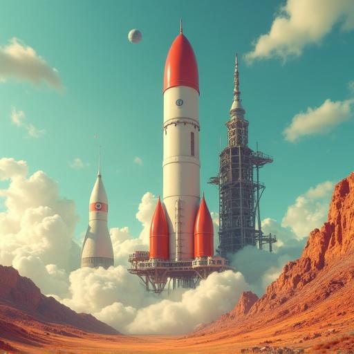 A stylized depiction of a sci-fi rocket silo with various accessory buildings. The setting includes multiple rockets, clouds, and a dramatic landscape.