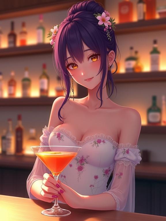 A beautiful East Asian woman stands confidently at a stylish bar. She wears a white floral off-shoulder dress. Violet hair is styled in an updo with flowers. Long earrings catch soft lighting. A cocktail glass filled with orange drink in her hand. The background has softly lit shelves with bottles of alcohol. The atmosphere is cozy and sophisticated.