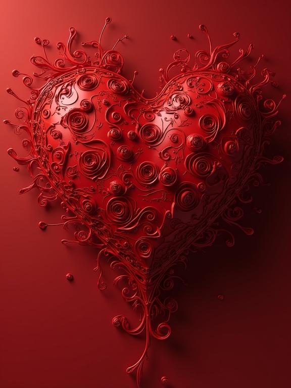 Hyperdetailed heart design featuring intricate swirls and patterns in a vibrant red color on a matching background. 3D rendering techniques are used to create depth and texture. Artwork emphasizes an artistic interpretation of love and beauty. High-resolution imaging techniques are applied for visual impact.
