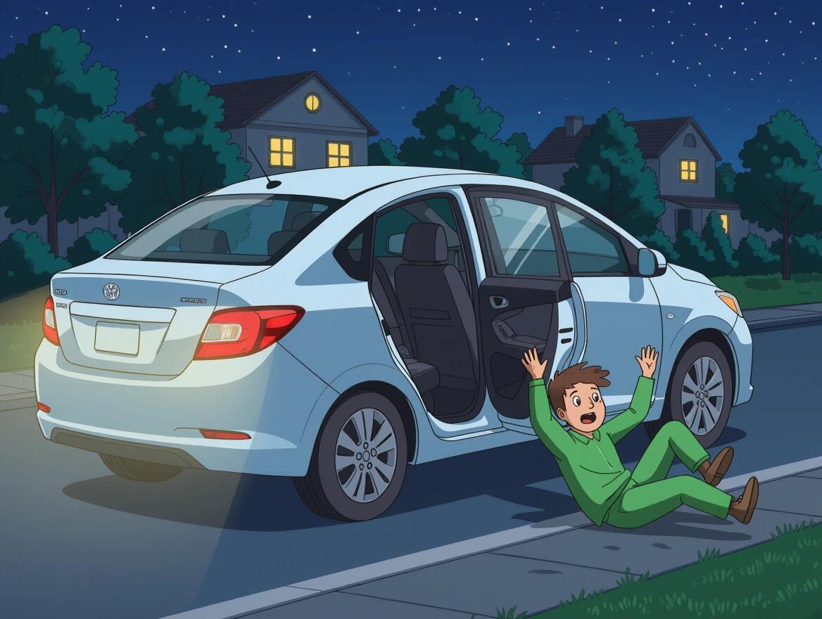 Cartoon car at night with an open back door. A person in green falls out onto the ground. Nearby houses are visible. Night sky filled with stars.