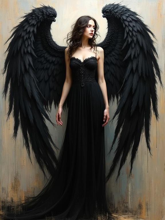 A female angel with black feathered wings stands elegantly. She wears a black gown that flows to the ground. The wings are large and dramatic. The background is textured and abstract, with soft colors that highlight the figure.