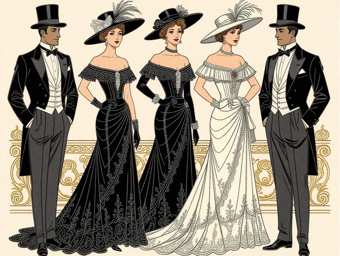 Belle Époque fashion illustration featuring sophisticated men's and women's attire. Elegant dresses adorned with intricate lace. Stylish hats with elaborate details and finely embroidered suits. Figures in graceful poses exuding poise and charm against a culturally vibrant backdrop. Lavish fabrics and luxurious embellishments highlighted. Soft lighting enhancing the opulence.